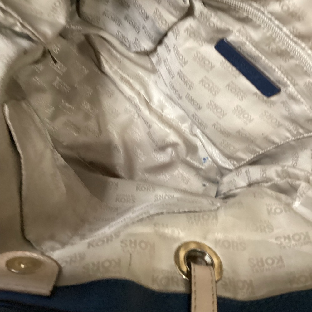 Michael Kors Navy Leather Tote with Tan Straps and Gold Charm - Picture 10 of 11